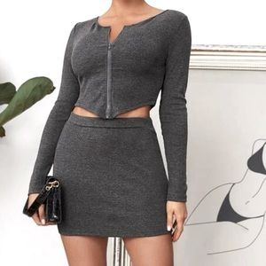 Asymmetrical rib knit top and skirt